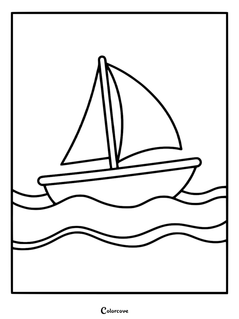 A simple line art coloring page of a small sailboat with one triangular sail floating on gentle ocean waves.