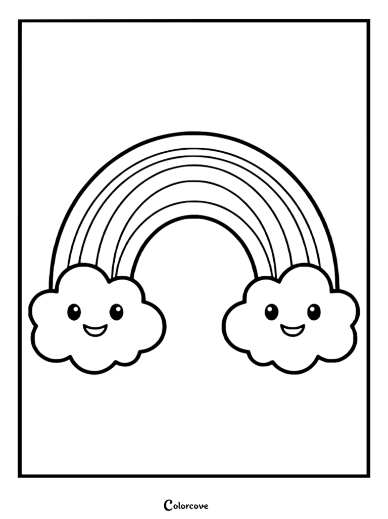 A simple coloring page featuring a rainbow arching between two fluffy, smiling clouds with cute faces.