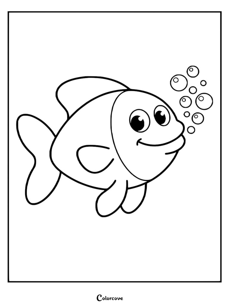 A simple coloring page featuring a cute cartoon fish blowing a cluster of bubbles.
