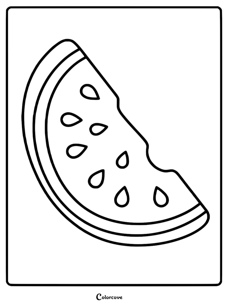 A simple black and white coloring page featuring a single triangular slice of watermelon with visible seeds and a thick rind.