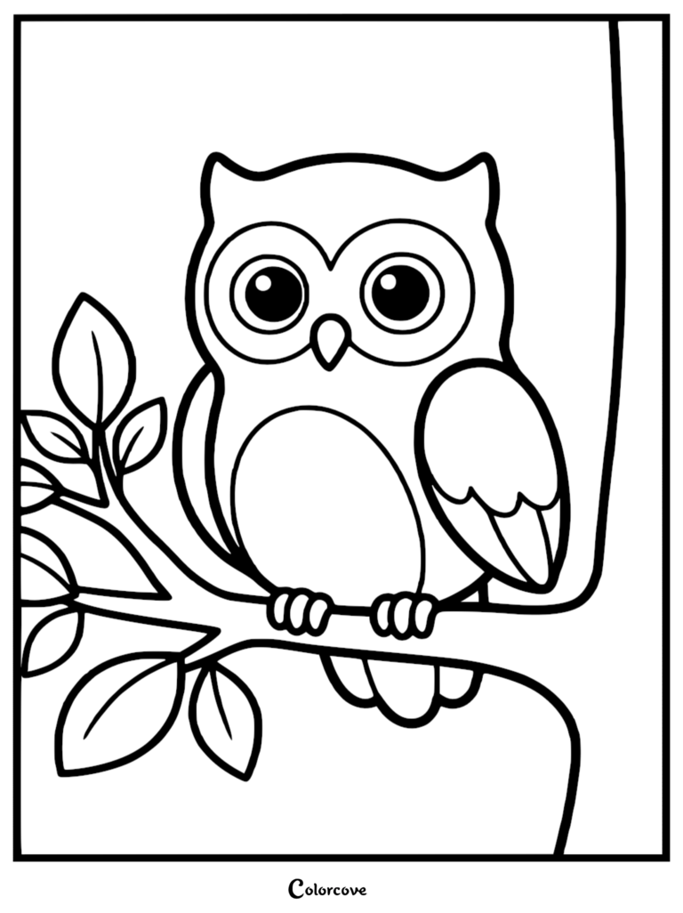 A simple coloring page featuring a cute owl with large eyes perched on a leafy tree branch.