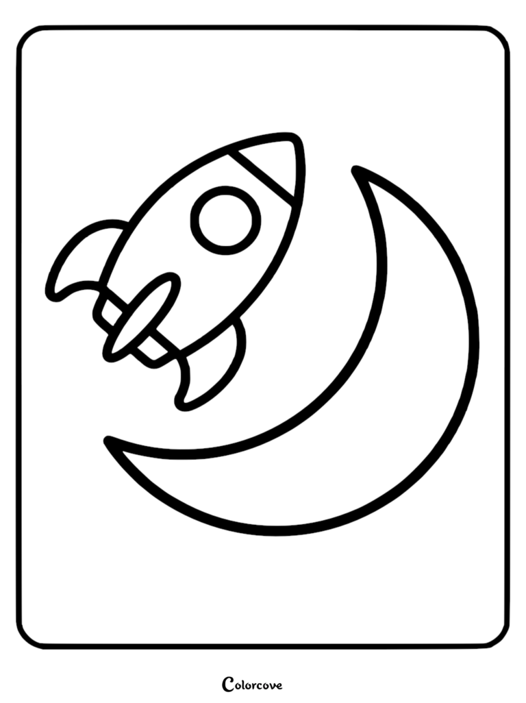 A simple black and white coloring page featuring a cartoon rocket ship flying past a crescent moon.