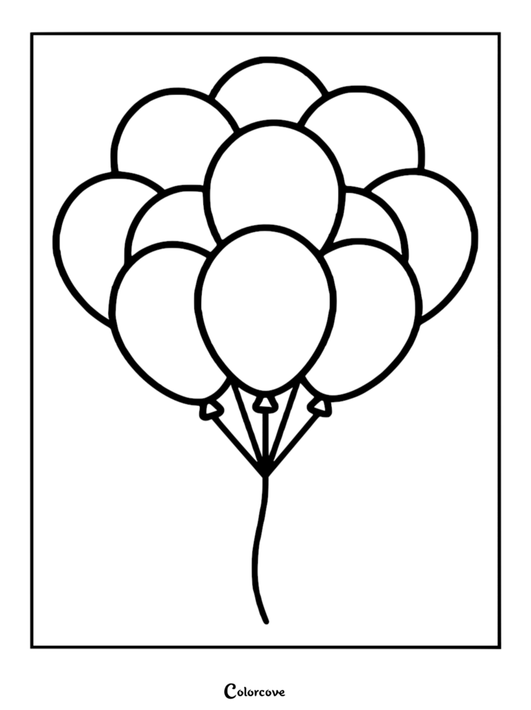 A simple coloring page featuring a cluster of nine round balloons tied together with a single string.