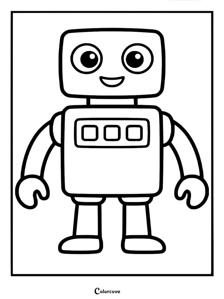 A simple robot coloring page featuring a square-headed character with large eyes, a smiling mouth, and three control buttons on its chest.