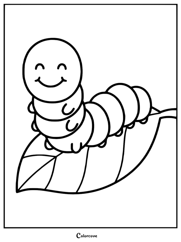 A simple coloring page featuring a cute, smiling caterpillar with rounded segments crawling across a large leaf.