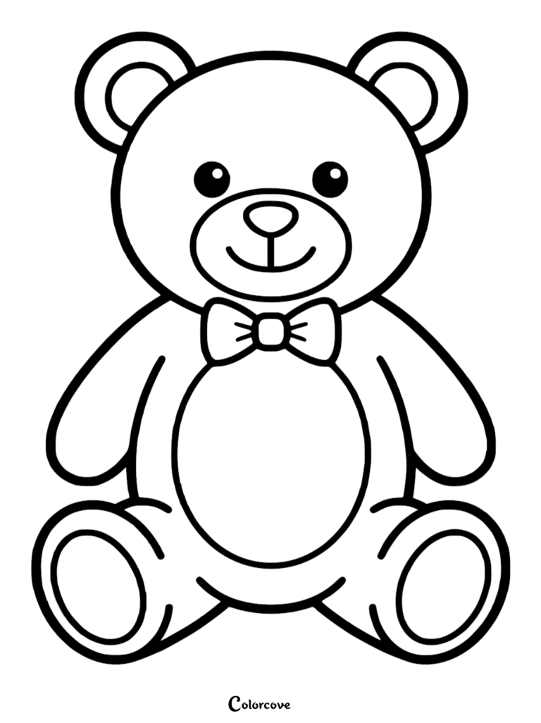 A simple teddy bear coloring page featuring a cute bear wearing a bow tie with thick outlines for kids.