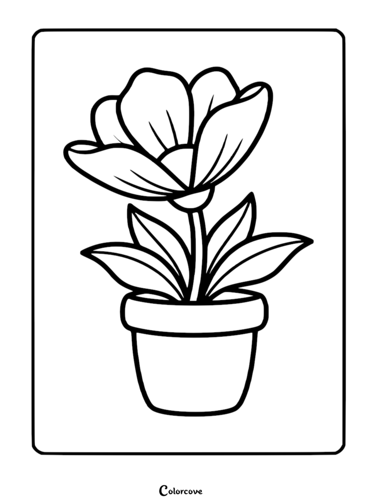 A simple black and white coloring page featuring a single blooming flower with five petals growing in a small terracotta pot with four leaves.
