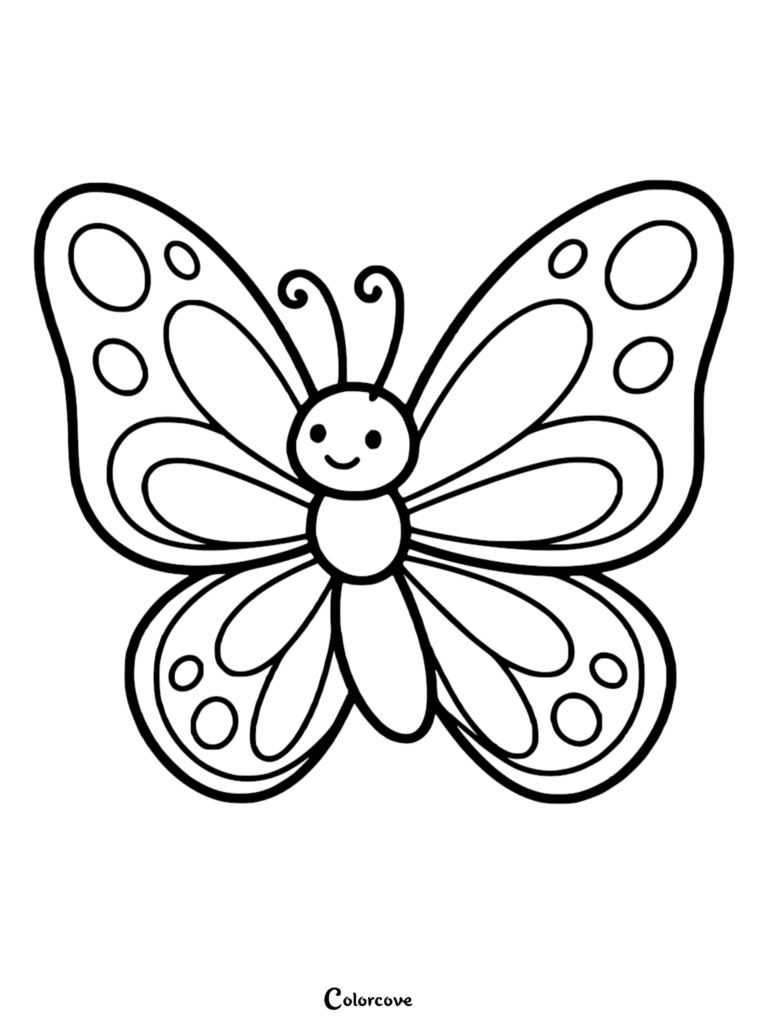 A simple butterfly coloring page featuring a cute smiling face and symmetrical wings with large circular patterns.