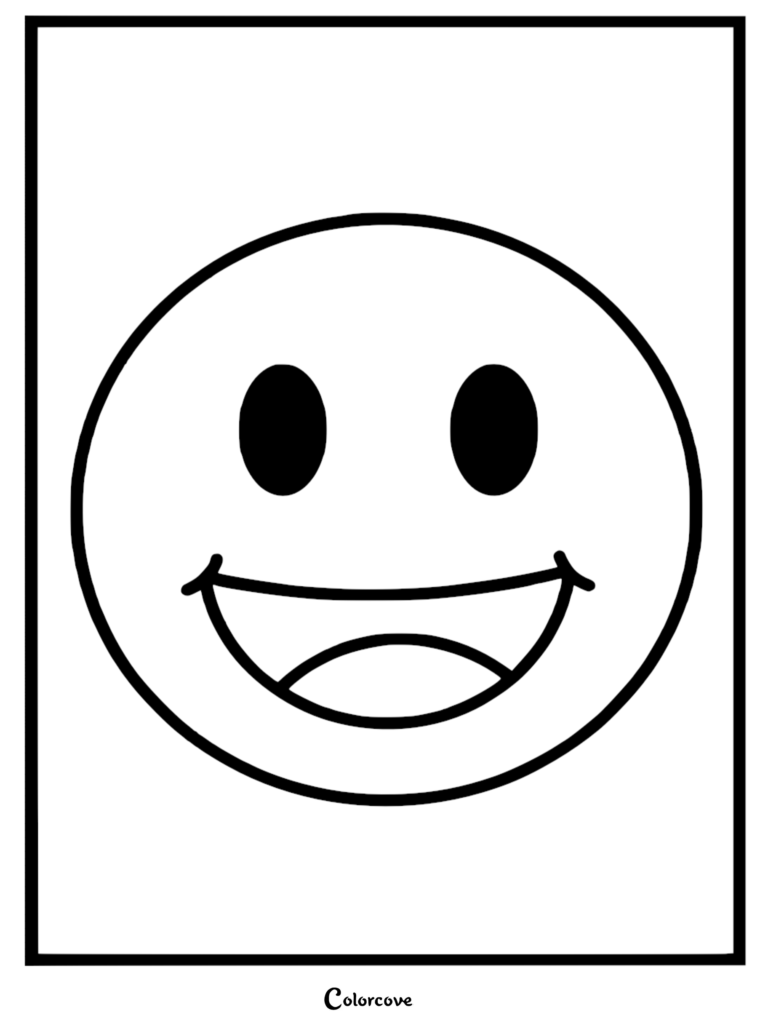 A simple black and white coloring page featuring a large, happy smiley face with oval eyes and a wide, open-mouthed grin.