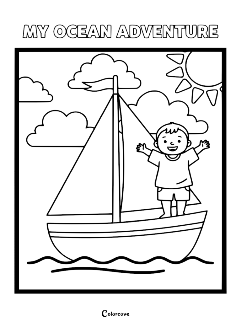 A simple coloring page featuring a happy young boy standing on a sailboat with arms raised under a sunny sky with clouds.