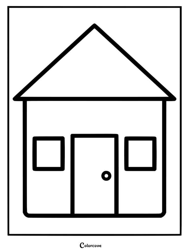 A simple house coloring page featuring a triangular roof, a central door with a round knob, and two square windows.
