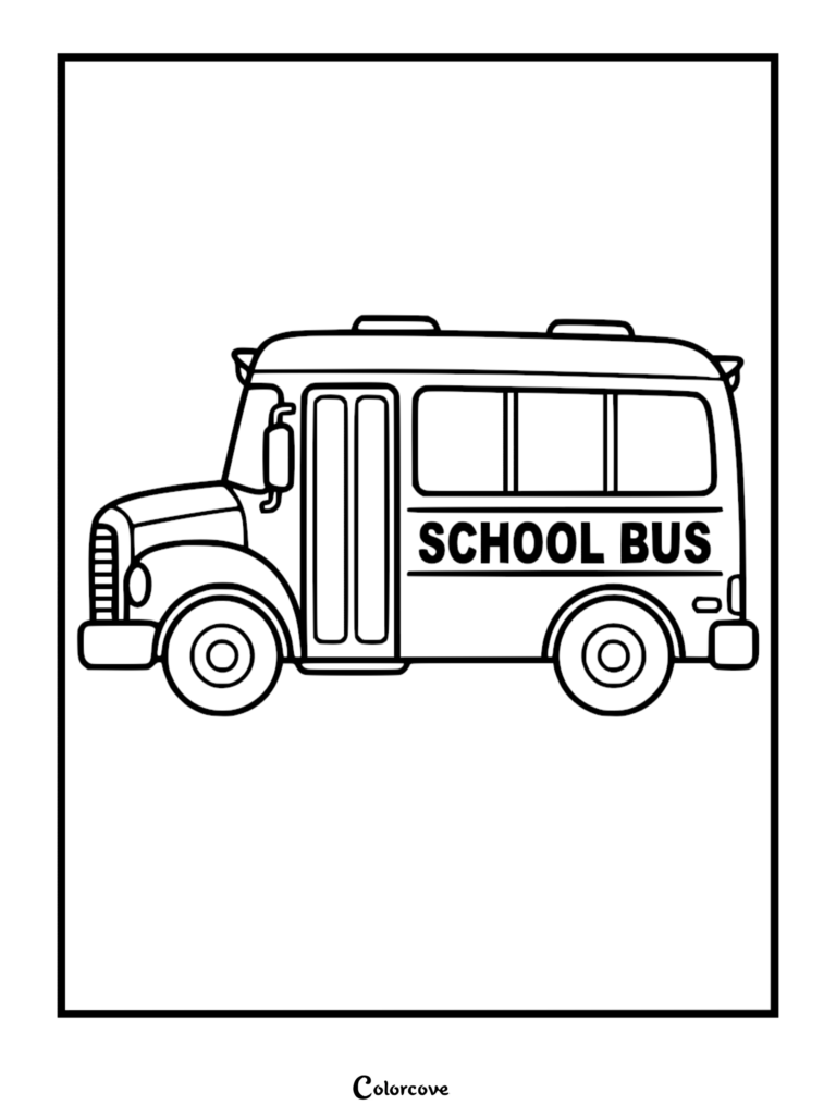 A simple black and white coloring page of a classic school bus with the words SCHOOL BUS printed on the side.