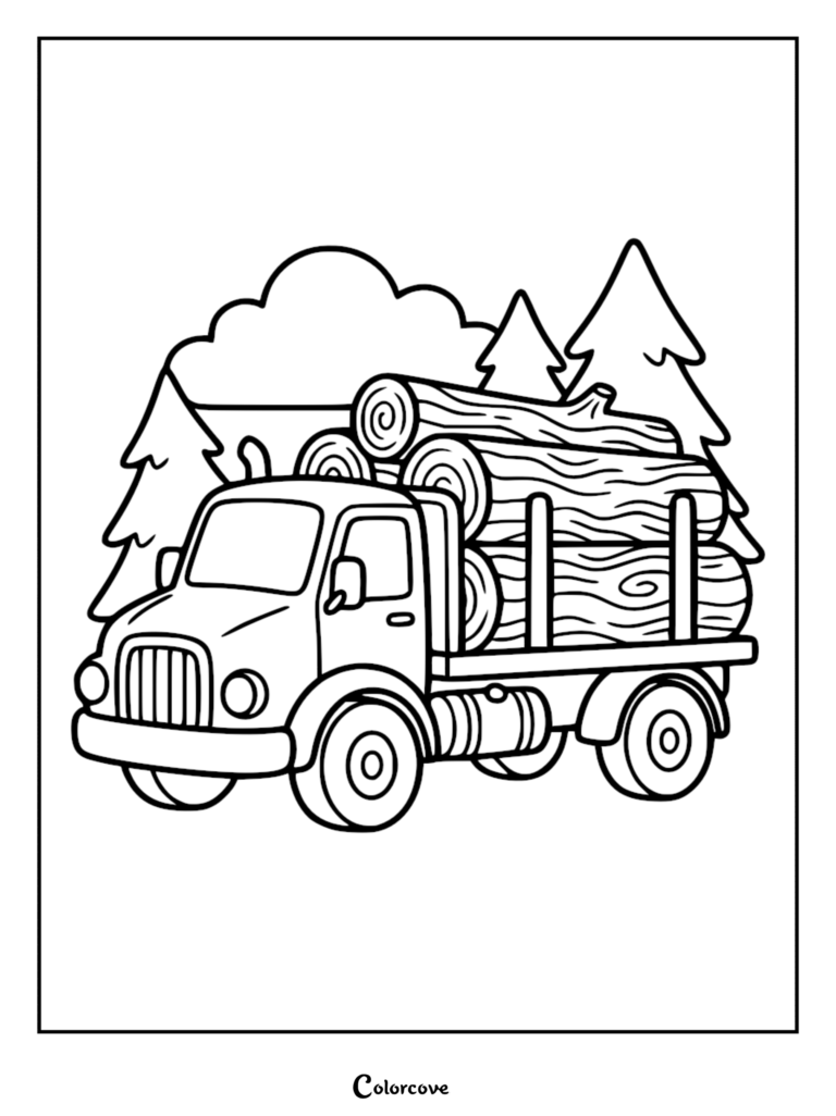 Simple truck carrying a load of wooden logs in a forest, black and white coloring page for kids.