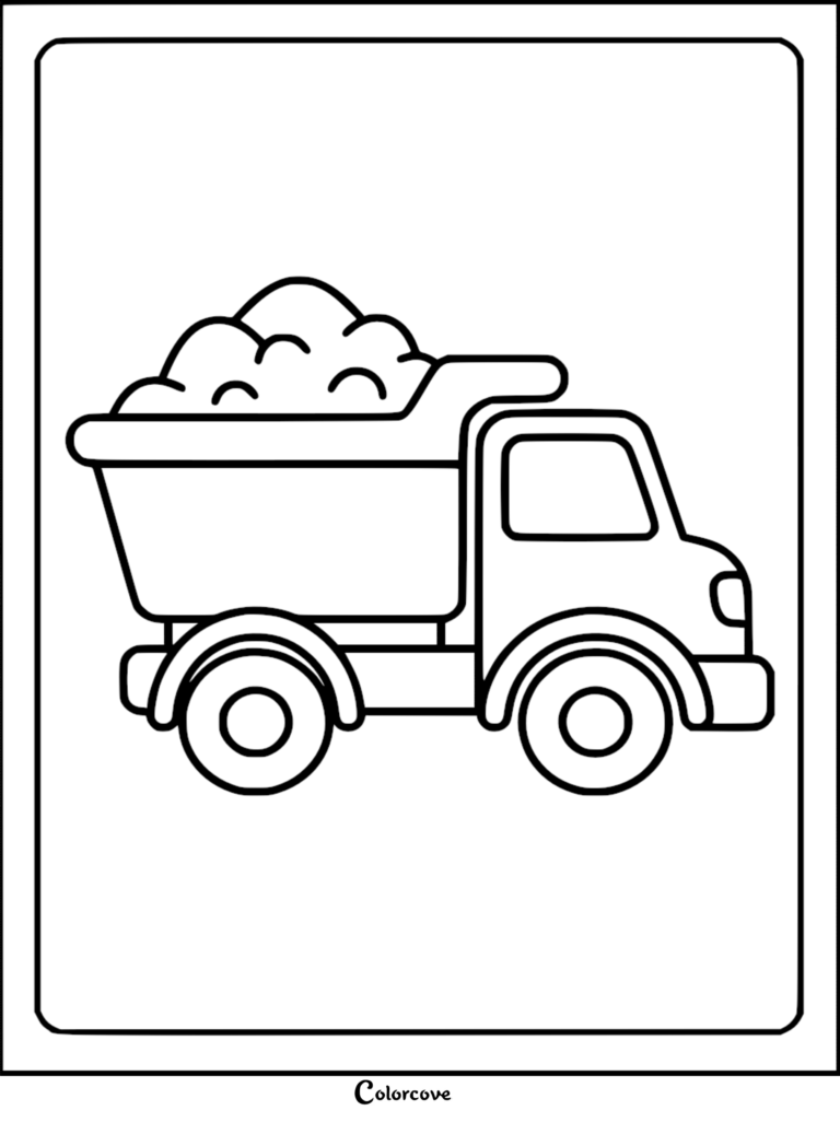 A thick-lined, simple truck drawing featuring a dump truck filled with a pile of dirt or rocks, perfect as a coloring page for toddlers.