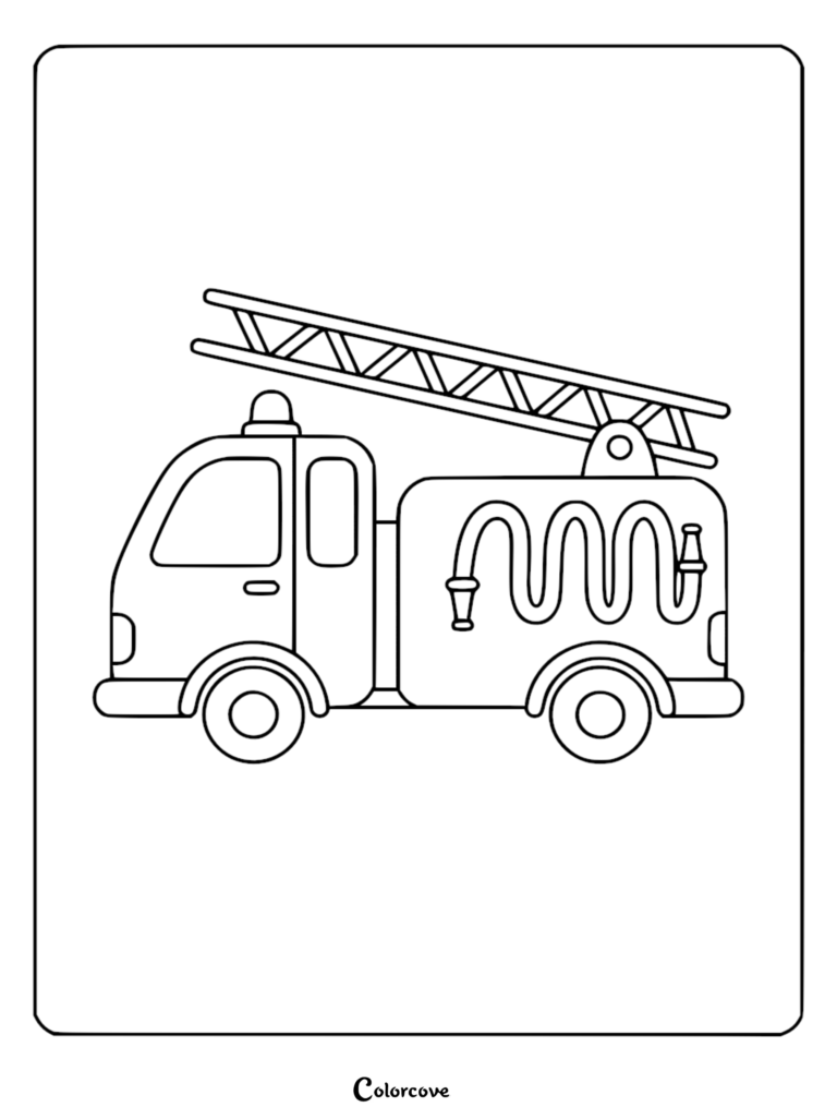 Simple fire truck coloring page for kids featuring a fire engine with a long ladder, a side-mounted hose, and a siren on top.