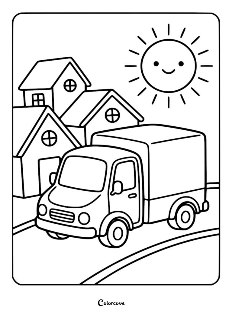 Simple truck driving on a road past suburban houses under a happy smiling sun coloring page for kids