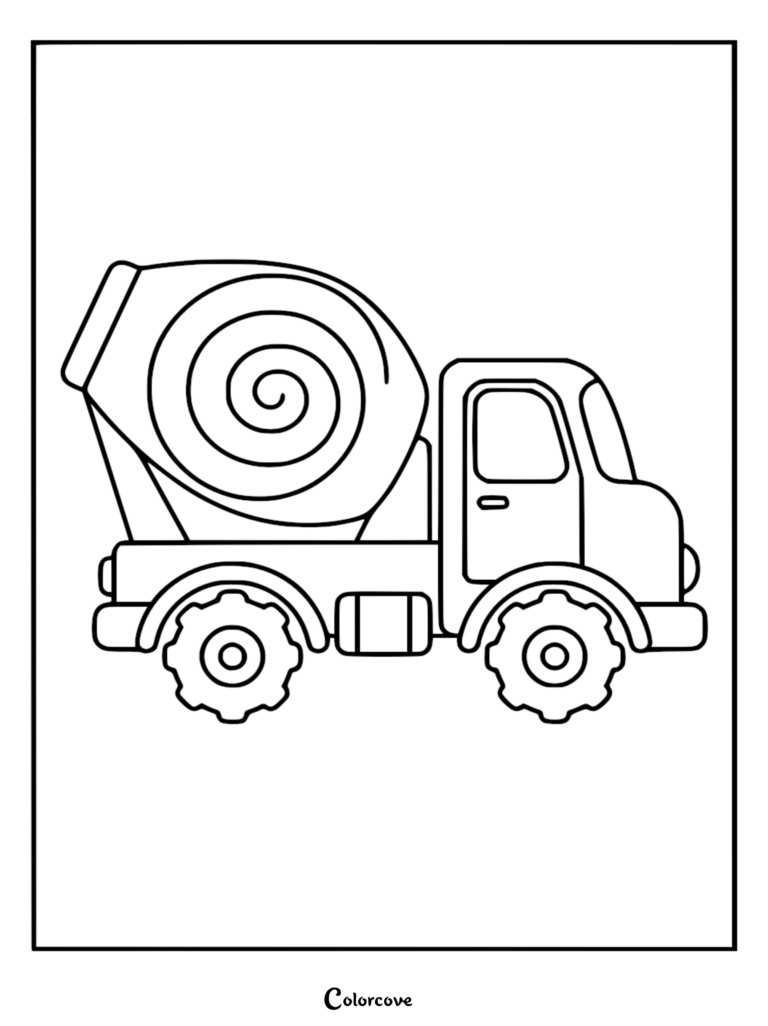 Simple cement mixer truck coloring page with chunky tires and a spiral drum design for kids.