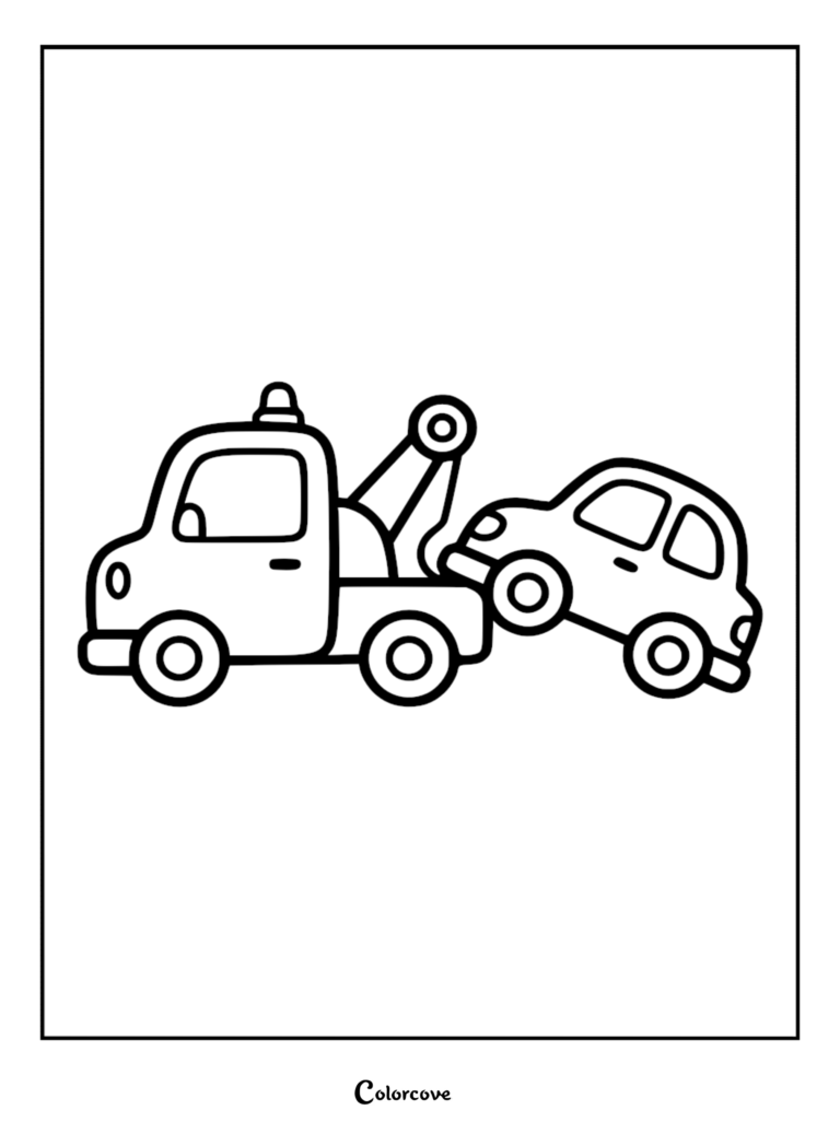 A simple black and white line art coloring page featuring a small tow truck lifting a little compact car.