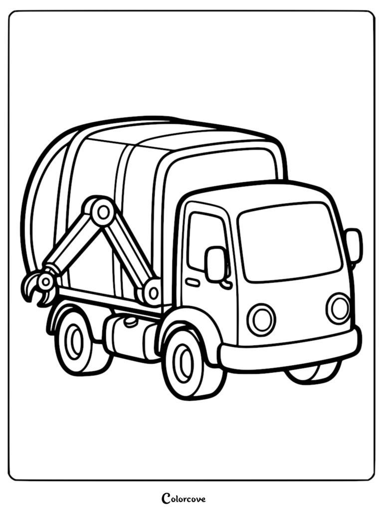 A simple garbage truck with a side-loading robotic claw, thick outlines, and cartoonish features on a clean coloring page.