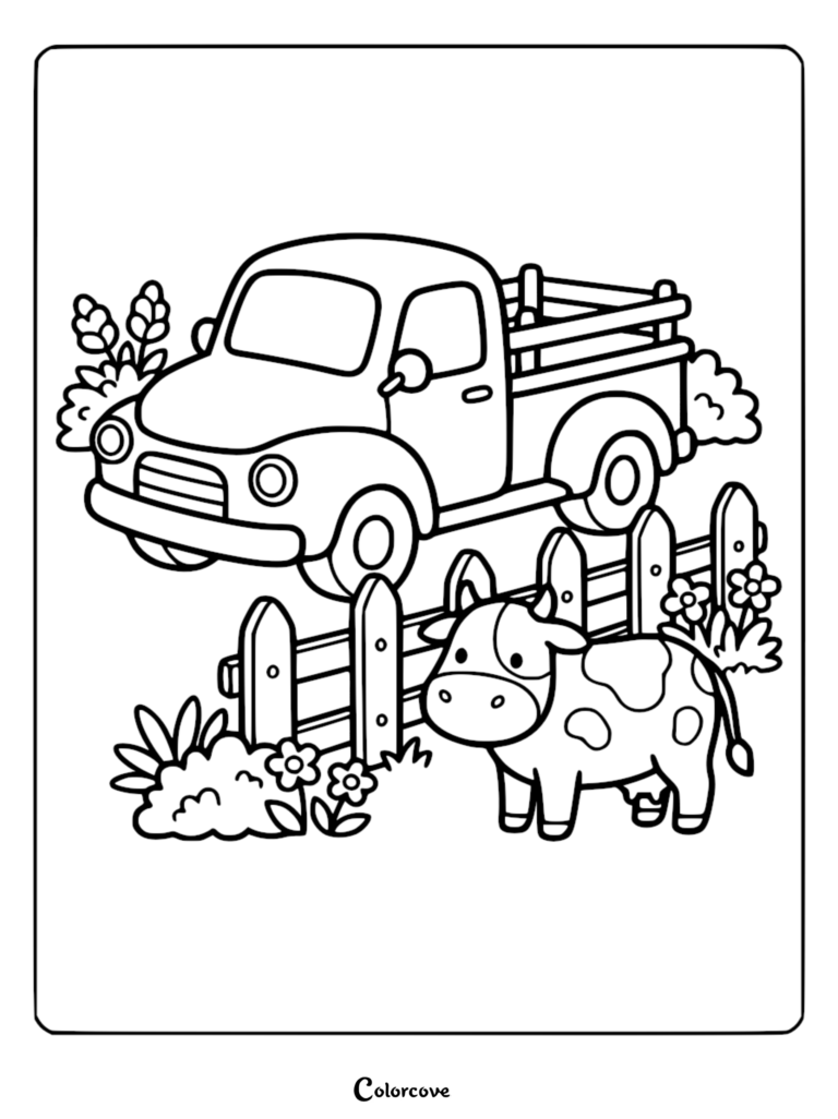 A cute simple truck parked behind a wooden fence with a spotted cow standing in front of flowers, coloring page.