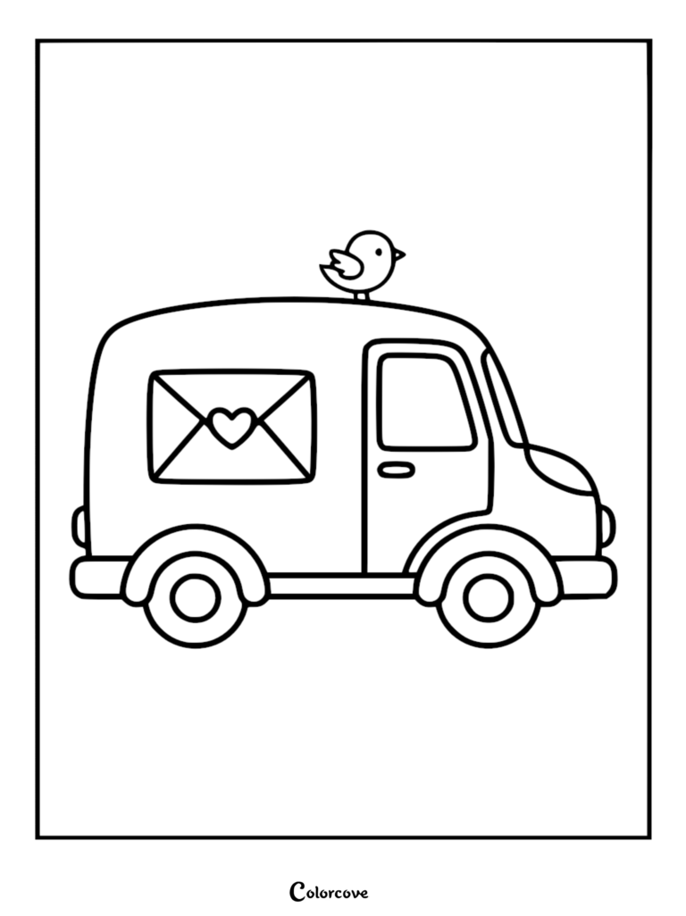 Simple truck coloring page featuring a small bird perched on the roof and a heart-stamped envelope on the side panel.