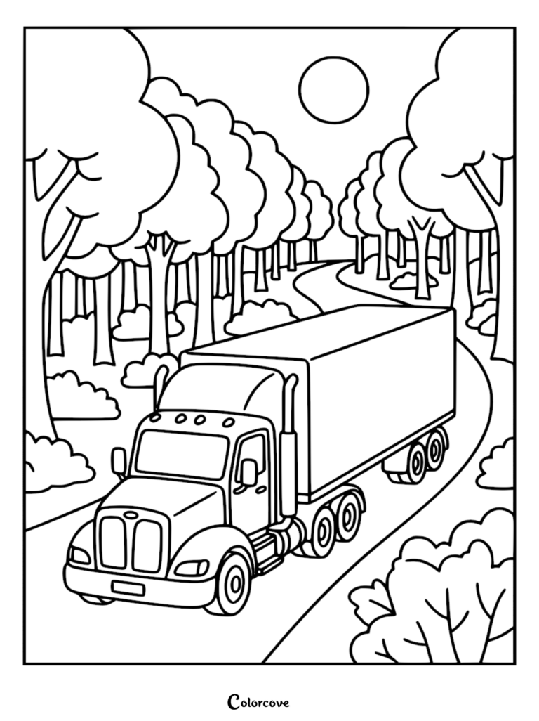 Simple truck driving on a winding road through a dense forest, outline style coloring page for kids.