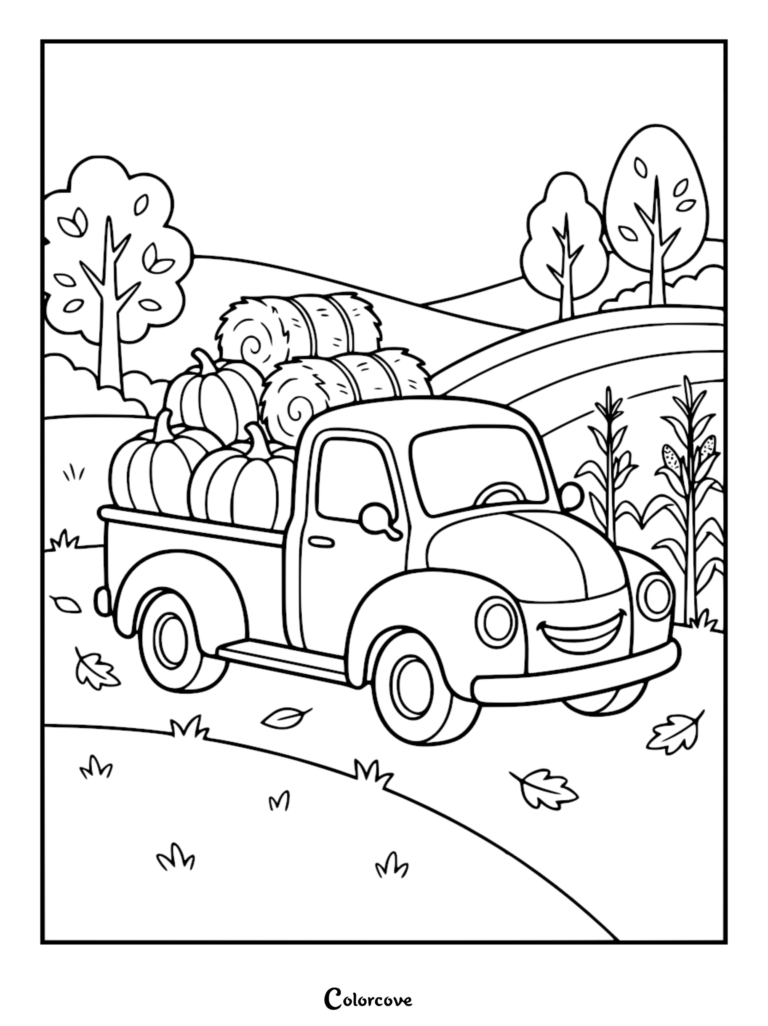 A friendly anthropomorphic simple truck carrying pumpkins and hay bales through a farm landscape in a black and white coloring page.