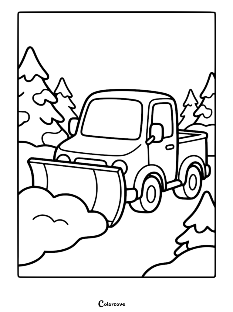 A simple truck with a large front plow pushing through snow in a pine forest, line art coloring page.