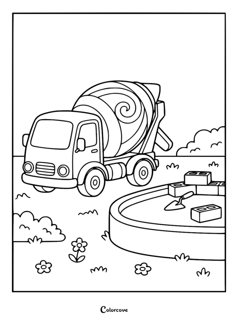 Simple cement mixer truck parked in a garden setting with bricks, a trowel, flowers, and grass on this printable coloring page.