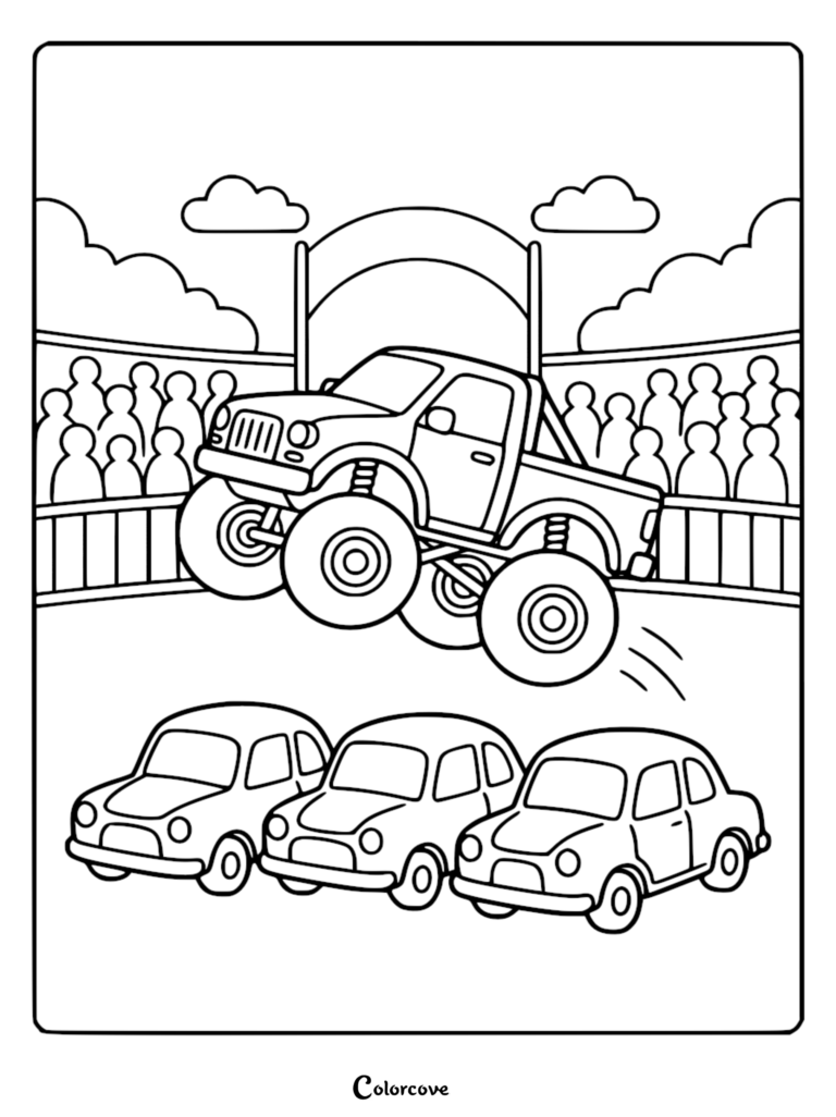 A simple coloring page featuring a monster truck soaring over three small cars in a stadium with a cheering crowd in the background.