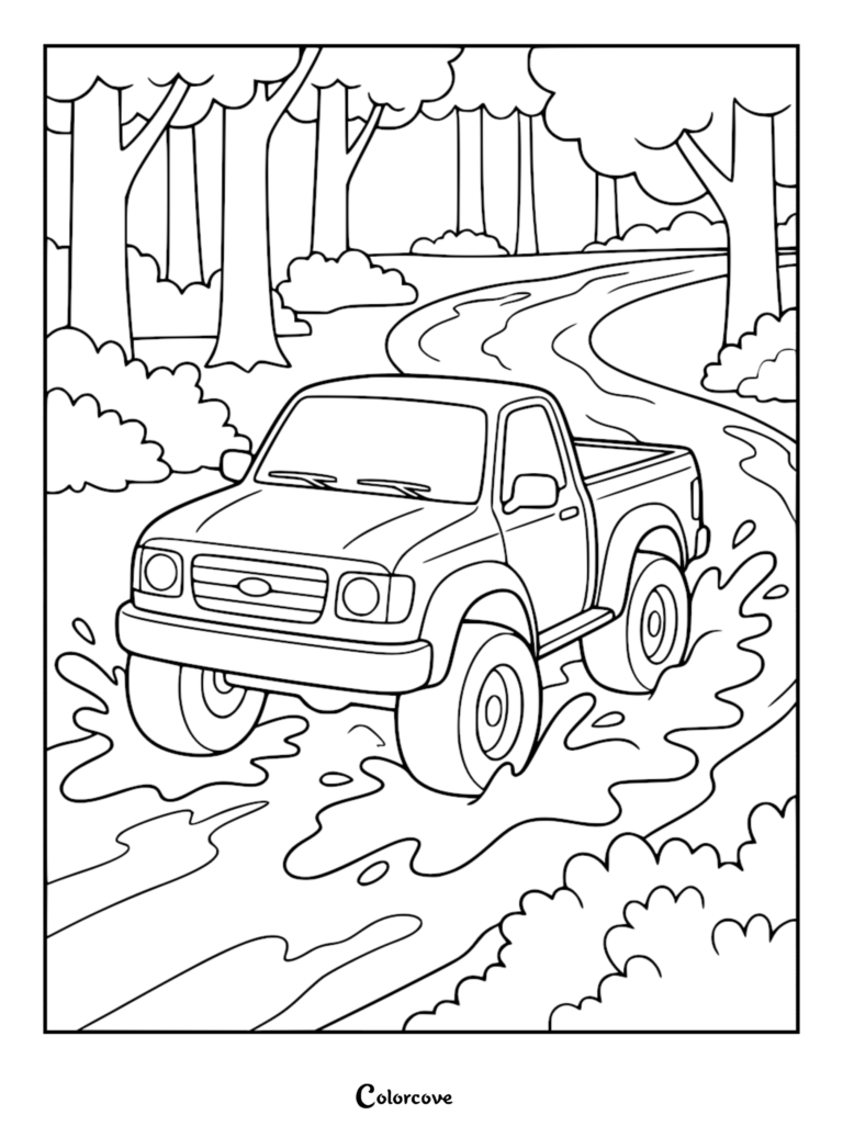 A simple truck driving through a deep puddle on a forest path, featured as a black and white printable coloring page.