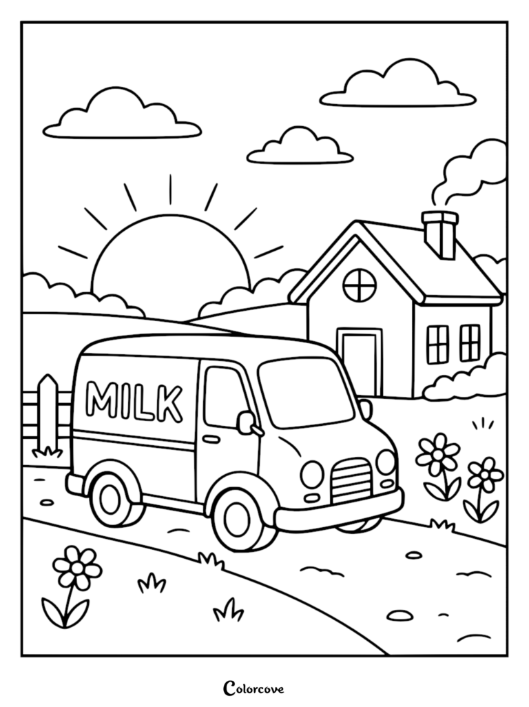 Simple milk delivery truck driving past a farmhouse on a sunny day, black and white coloring page.