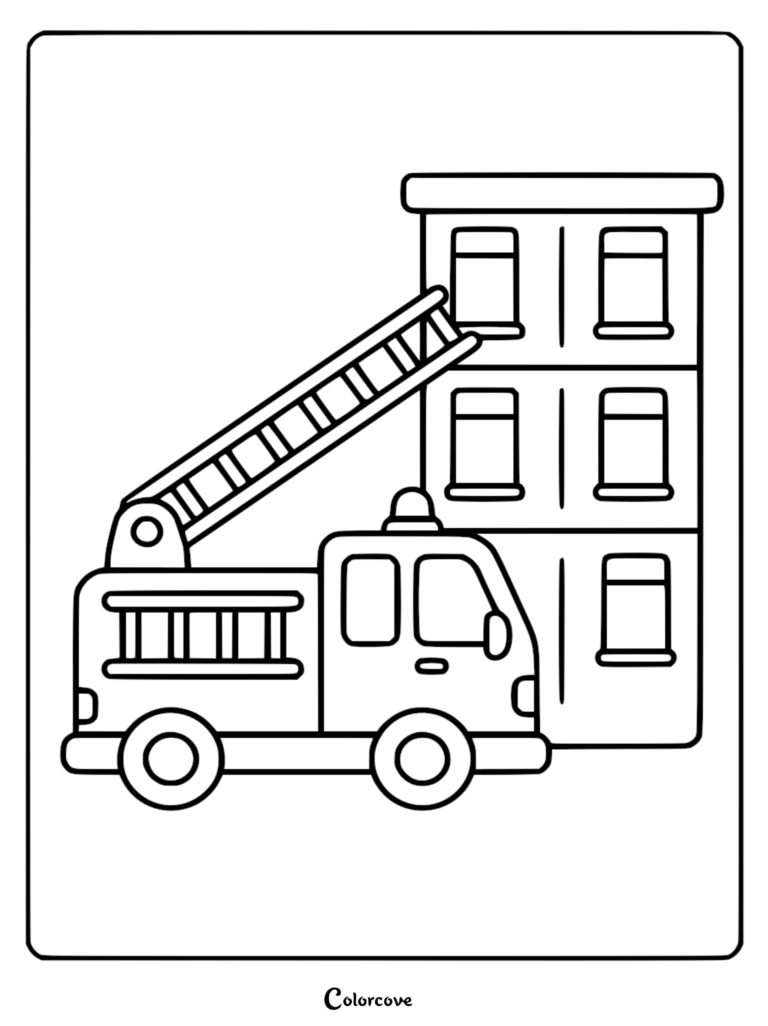 Simple fire truck coloring page with an extended ladder reaching a multi-story building window.
