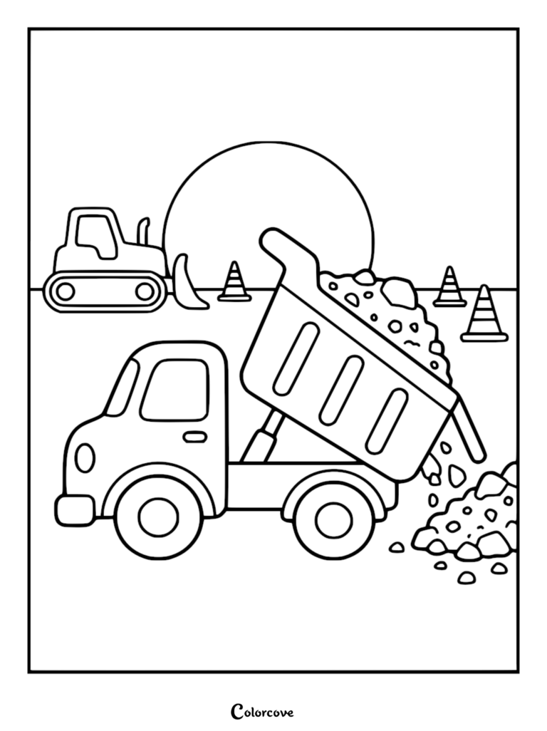 A simple dump truck dumping a load of rocks on a construction site coloring page with a bulldozer and traffic cones in the background.
