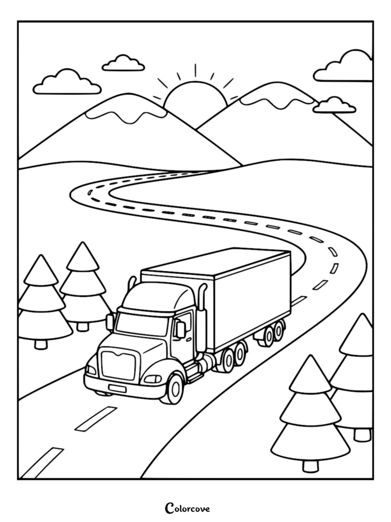 A simple truck driving on a winding road past evergreen trees with mountains and a rising sun in this printable coloring page.