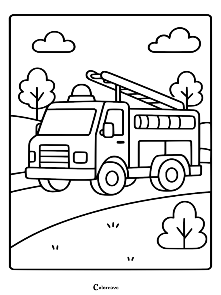 Simple fire truck coloring page featuring a ladder truck driving on a road past trees and clouds.