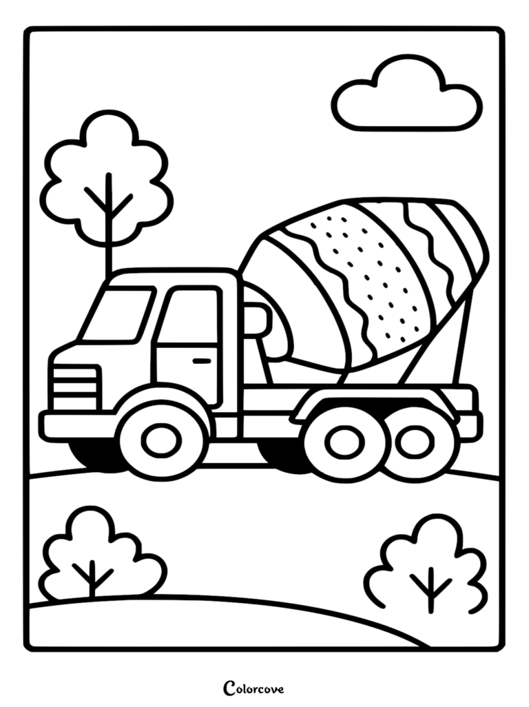 Simple cement mixer truck with a rotating drum design driving past trees and a cloud in a coloring page format.