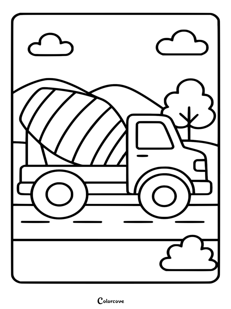 A simple cement mixer truck driving on a road in front of mountains, a tree, and clouds, featured on a line-art coloring page.