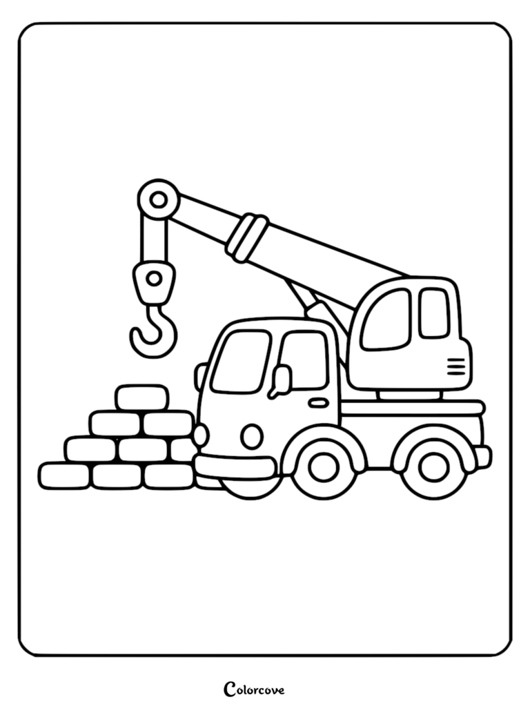 A simple crane truck with a lifting hook parked next to a stack of concrete blocks, black and white line art coloring page.