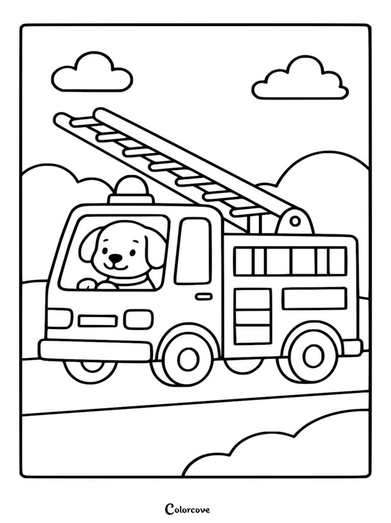 Simple fire truck with an extended ladder and a cute puppy driving, featuring clouds and hills in this printable coloring page.