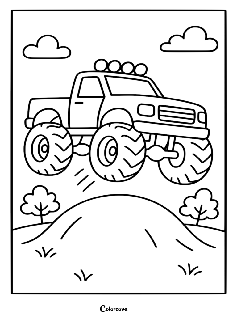 A simple monster truck with large treaded tires jumping over a hill, featuring four roof lights, clouds, and trees in the background, outline style coloring page.