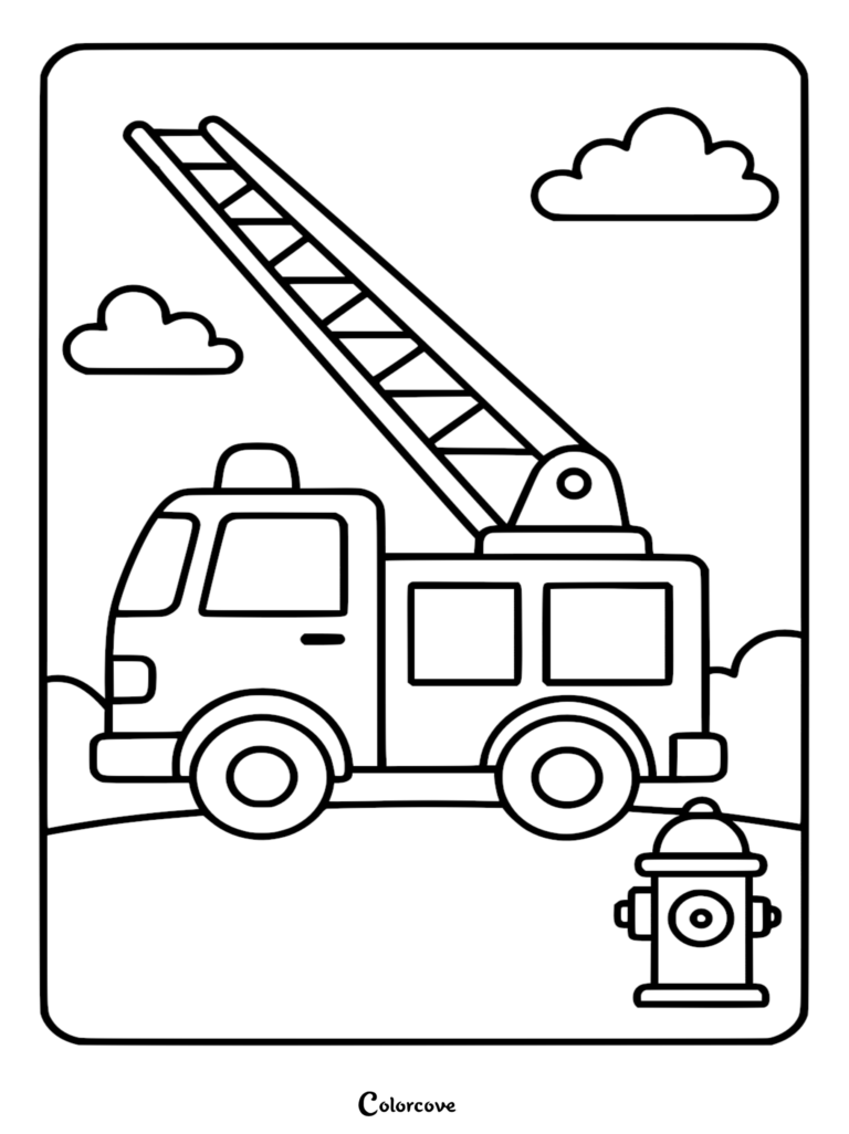 Simple fire truck coloring page with a tall ladder, water hydrant, and fluffy clouds.