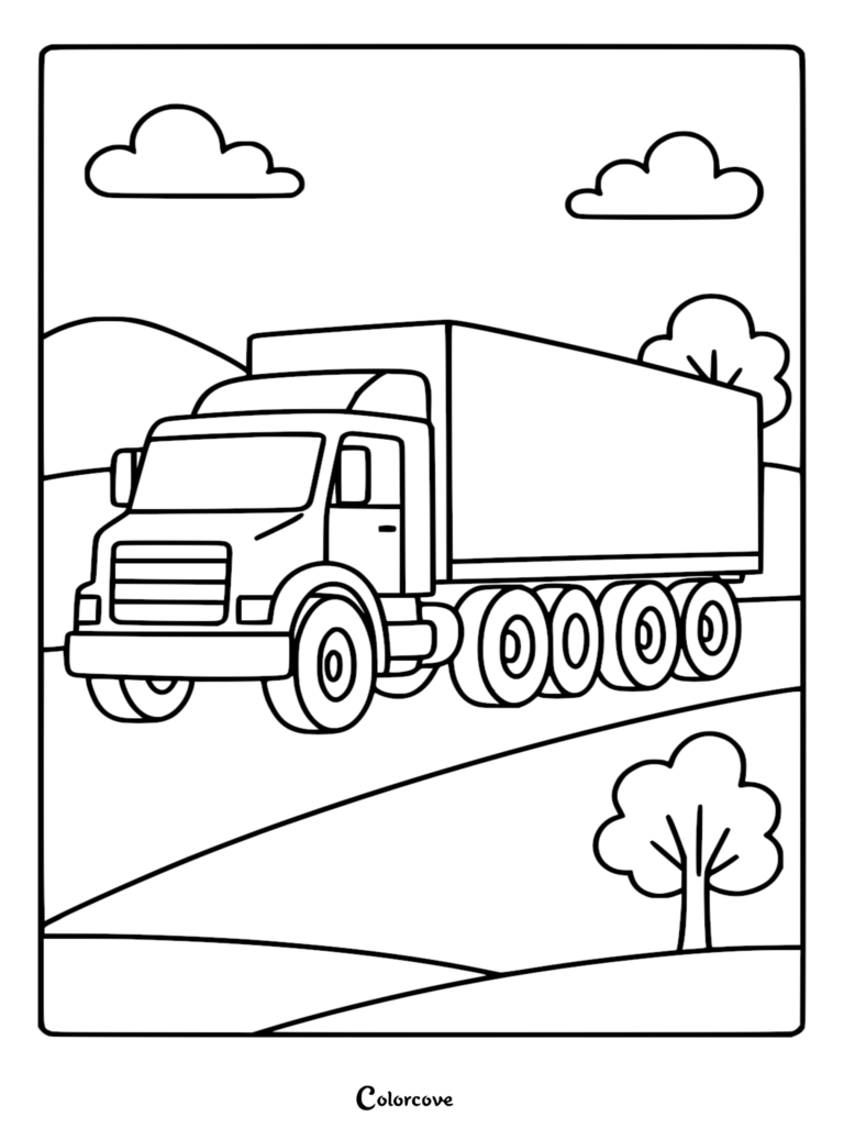 Simple truck line art coloring page featuring a large semi-truck driving on a road past hills and trees under a cloudy sky.