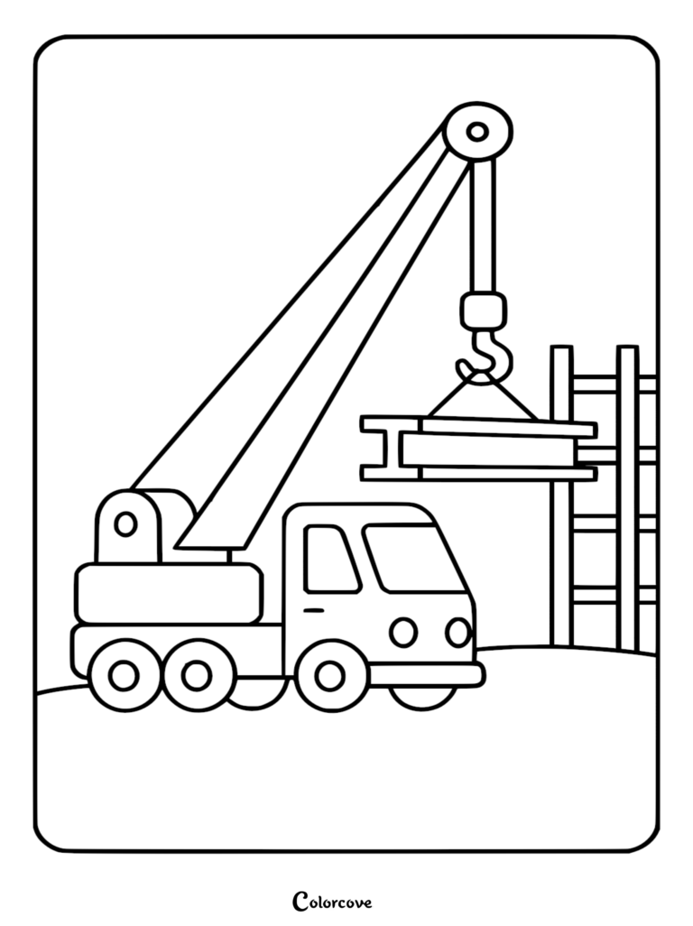 A simple truck coloring page featuring a construction crane truck lifting an I-beam near a ladder on a job site.