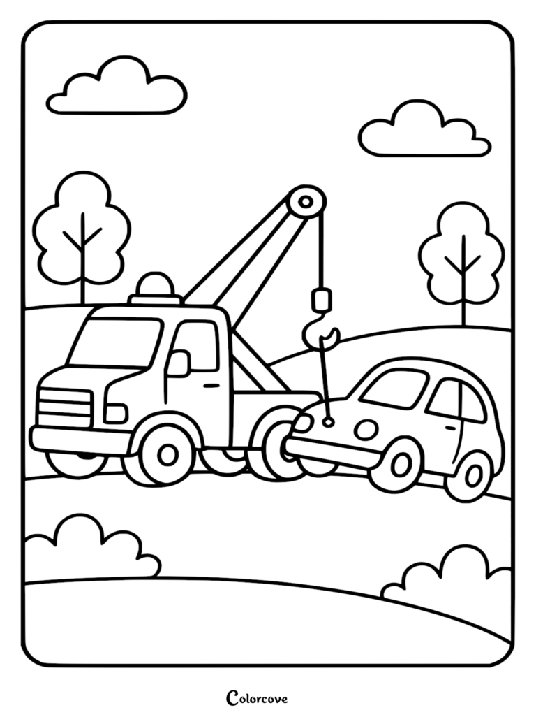 Simple tow truck with a boom arm lifting a small car on a road in a countryside landscape coloring page