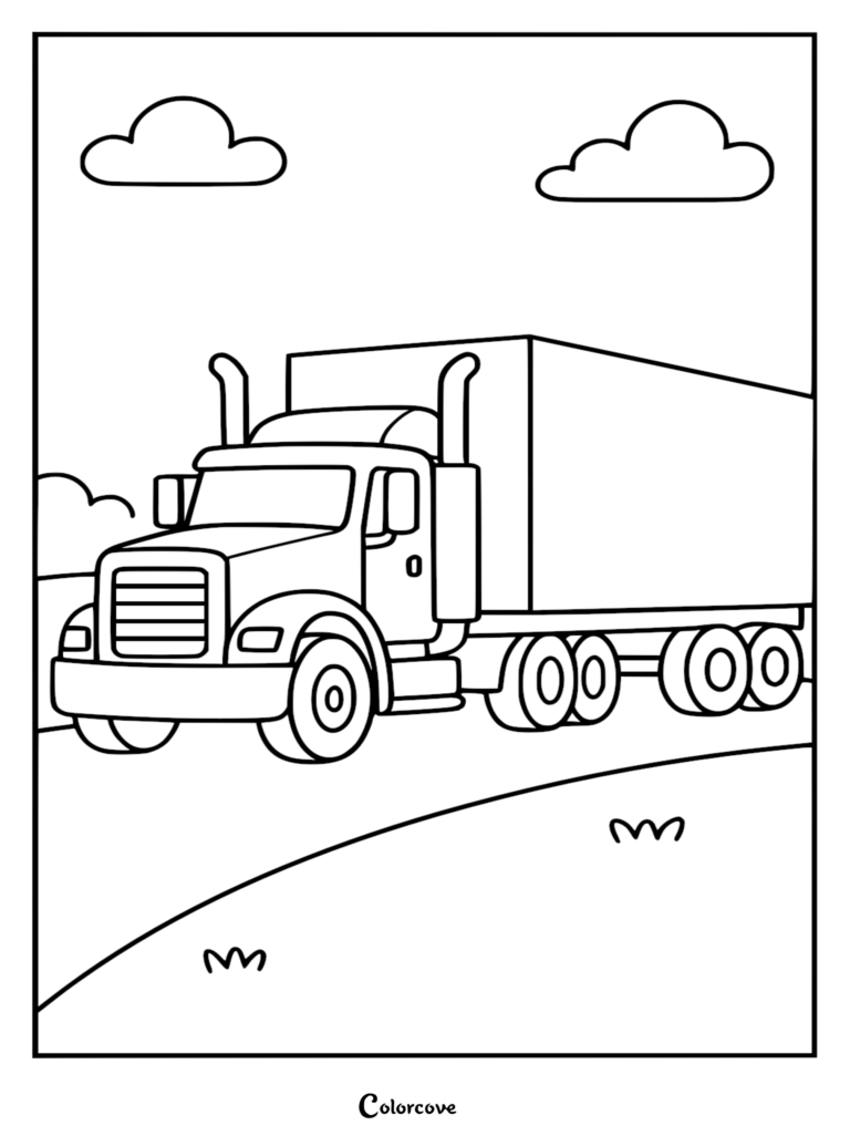 A simple truck coloring page featuring an 18-wheeler semi-truck driving on a grassy road under two fluffy clouds.