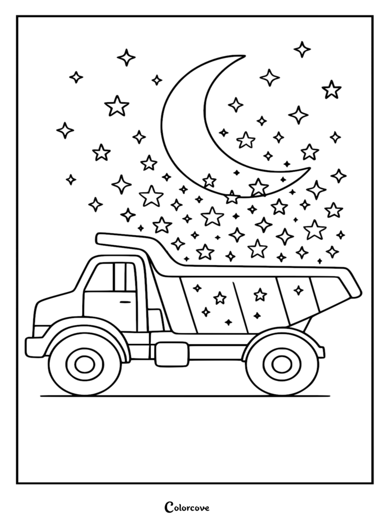 A simple truck carrying a large crescent moon and scattered stars in its cargo bed as a printable coloring page.