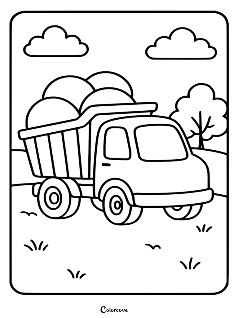 A simple truck coloring page featuring a dump truck loaded with rounded hay bales in a field with clouds and a tree.