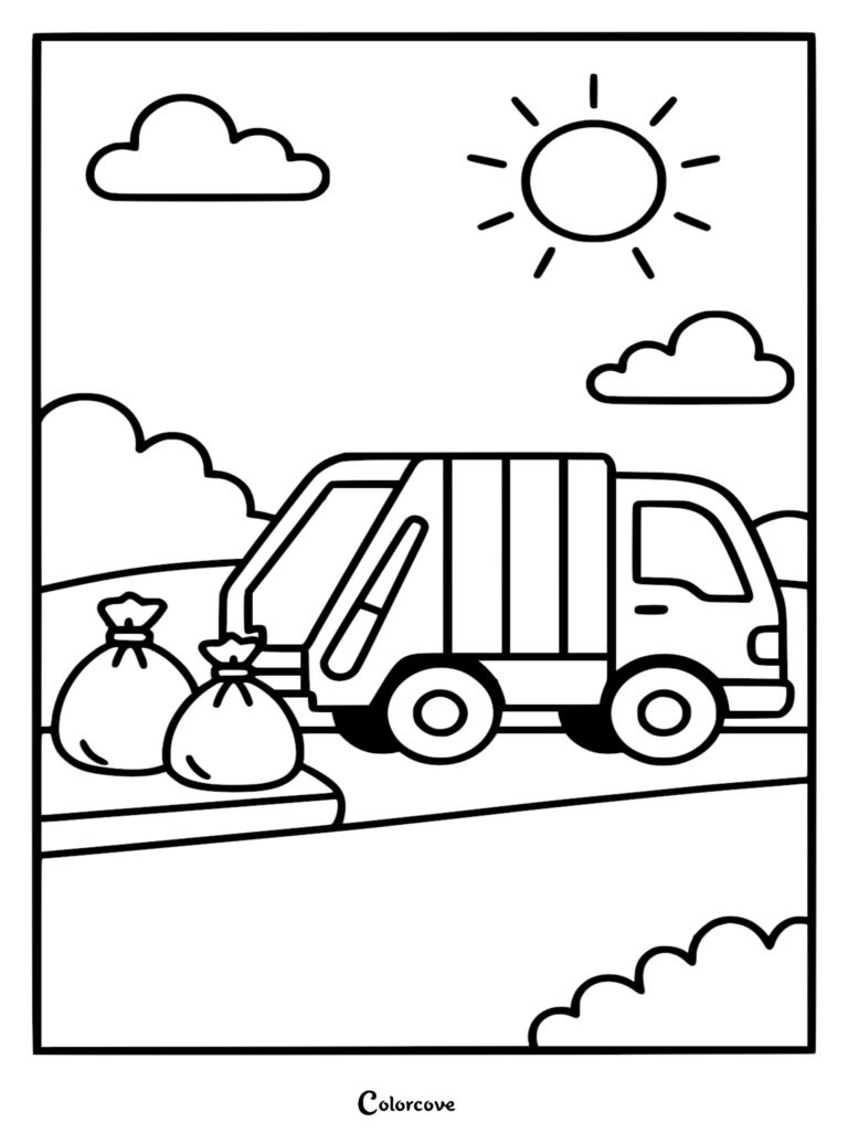 Simple garbage truck collecting two trash bags on a sunny day coloring page for children