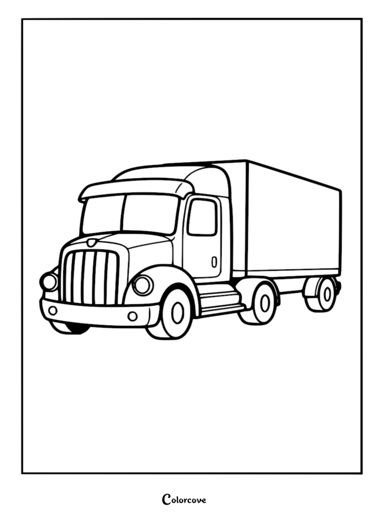 A simple truck coloring page featuring a sturdy box truck with a prominent grille and three wheels visible on its side.